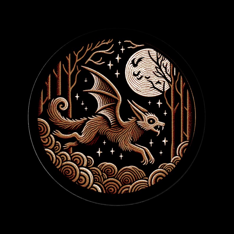 May include: A brown and white stylized illustration of a bat with wings spread, flying in front of a full moon. The bat is flying in a forest setting with trees and stars in the background.