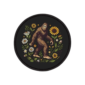Bigfoot Embroidered Iron-On Patch: Sasquatch with Wildflowers