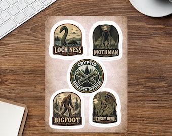 Cryptid Sticker Pack – Bigfoot, Mothman, Nessie, Jersey Devil Vintage Style
