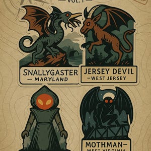 Hoja de calcomanías de Cryptid: Calcomanías de criaturas míticas y folclóricas
