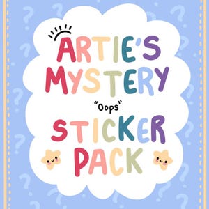 May include: A light blue background with question marks and a white cloud-shaped design. The cloud contains the text "ARTIE'S MYSTERY" in colorful letters, with "Oops" below. "STICKER PACK" is written below in red and pink. Two star-shaped characters are on either side.