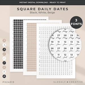 Litet ark med dagliga datumetiketter | 0,4'' 10 mm Pollux Perpetual fyrkantiga etiketter Enkel kalender för dagböcker, planerare, anteckningsblock - PX24013