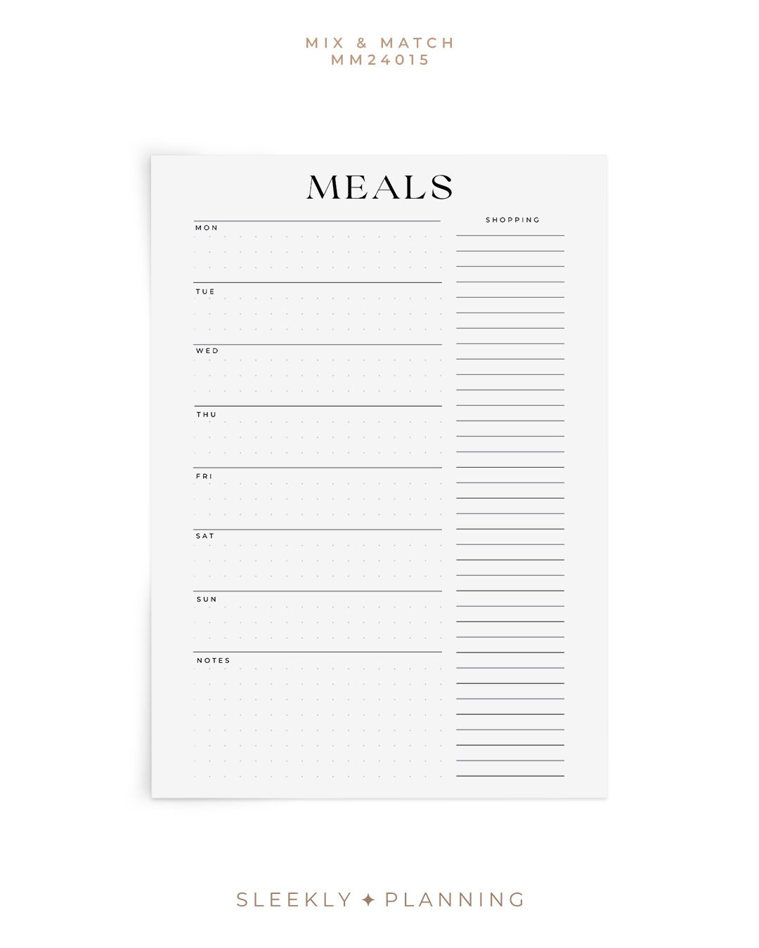 Weekly Undated Meal Planner Insert With Shopping List Simple Minimal ...