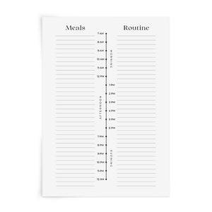 May include: A printable planner page with a black and white design. The page is divided into two columns, one labeled "Meals" and the other labeled "Routine". The left column has a vertical time line from 7 AM to 12 AM, with a separate section for morning, afternoon, and evening. The right column has blank lines for writing.