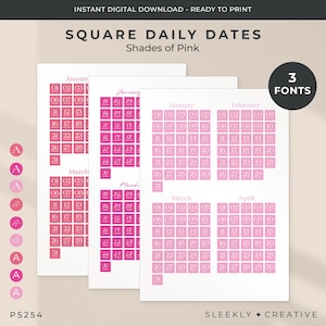 Op de afbeelding: Downloadbare digitale print van vierkante dagelijkse datum stickers in roze tinten. De stickers zijn ontworpen voor gebruik in een planner of dagboek. De data zijn genummerd van 1 tot 31 en zijn gerangschikt in een rasterformaat. De tekst "Square Daily Dates" en "Shades of Pink" wordt bovenaan de afbeelding weergegeven. De tekst "3 Fonts" wordt in de rechterbovenhoek van de afbeelding weergegeven.