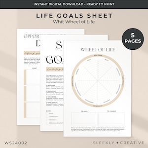 May include: A printable life goals sheet with a wheel of life diagram. The wheel has eight sections: mind, self-care, body, community, belonging, environment, resources, and intellectual. The sheet includes a section for defining your goals and evaluating them.