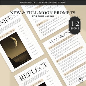 Pode incluir: Coleção de prompts de diário imprimíveis para luas novas e cheias. As páginas apresentam texto como "New & Full Moon Prompts for Journaling" e "12 Signs". As páginas têm um design minimalista com uma cena de lua e oceano.