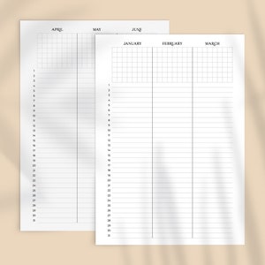 May include: Two white paper planner sheets with grid and lined sections. The top sheet displays the months of April, May, and June. The bottom sheet shows January, February, and March. The text "PLEIADES COLLECTION PL24006" and "SLEEKLY + PLANNING" are also visible.