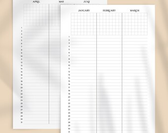 Jährlich Perpetual Future Log Ansicht Druckbares Dashboard Insert Minimale funktionale Planer Seiten Monate & 1 Zeile pro Tag, A5 A6 Personal Pocket