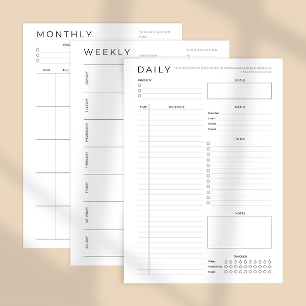 Daily Weekly Monthly View Minimal Bundle Schedule Dashboard Easy Printable Insert for Ring Planners, Instant Download A5 A6 Personal Pocket