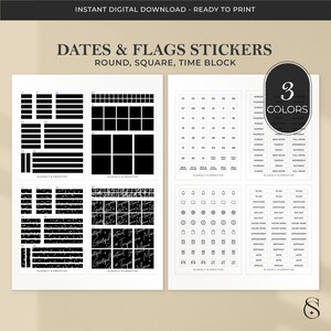 May include: A digital download featuring black and white planner stickers. The stickers include date blocks, flags, and various icons. The text on the image reads "Dates & Flags Stickers" and "Instant Digital Download - Ready to Print."