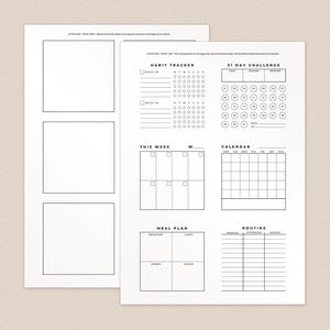 May include: Printable planner page with sections for habit tracking, a 31-day challenge, a calendar, a meal plan, and a daily routine. The page is black and white with a minimalist design.