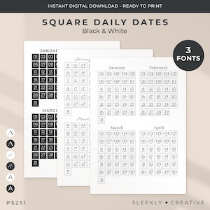 Puede incluir: Cuadrados de fechas diarias imprimibles en blanco y negro para enero, febrero, marzo y abril. Las fechas están en una fuente simple y moderna. Las hojas imprimibles están etiquetadas con el mes y tienen 3 fuentes para elegir.