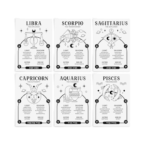 12 Signs Illustrated Zodiac Astrology Learning Flash Cards Modern Easy Deck Cheat Sheet Study Quiz Printable Kit + Houses Planets Archetypes