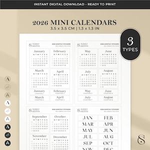 Può includere: Un download digitale con mini calendari 2026, ciascuno di 3,5 x 3,5 cm. Il design include calendari mensili da gennaio a dicembre, con un layout pulito e minimalista. Il testo "DOWNLOAD DIGITALE IMMEDIATO - PRONTO PER LA STAMPA" è in alto.