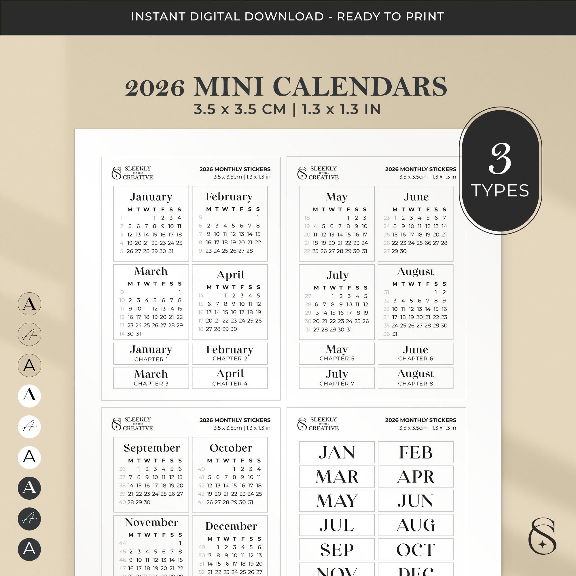 2026 Monthly Mini Calendar Sticker Sheet | 1.3'' 3.5cm Pack of 3 Modern ...