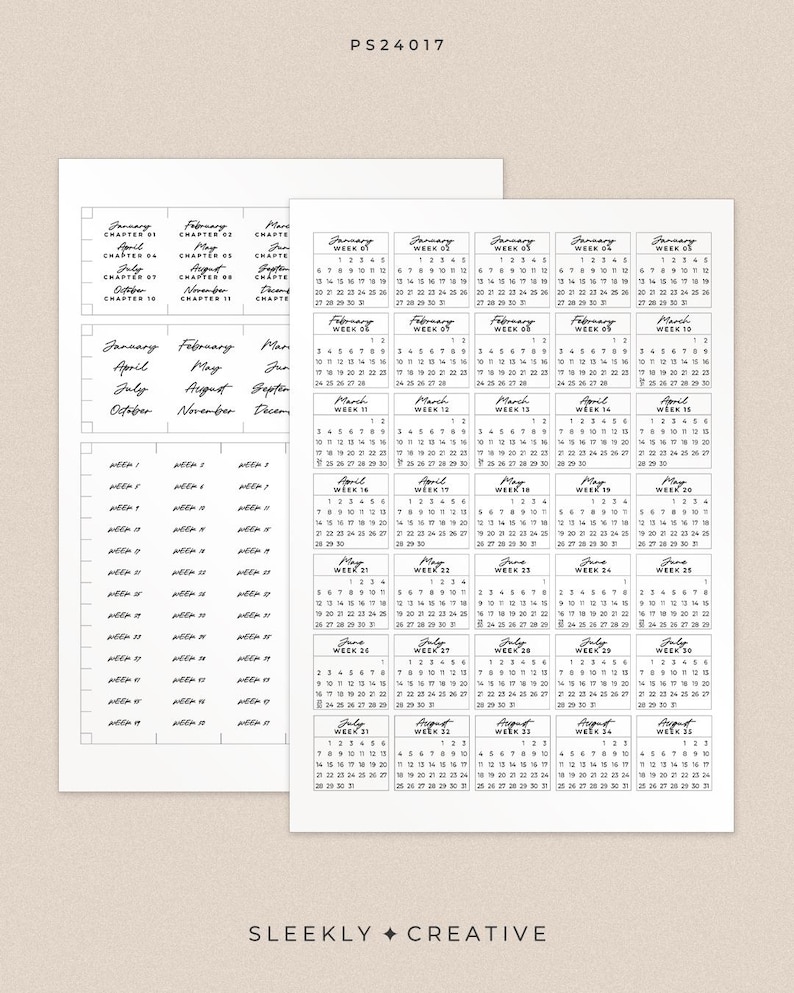 2025 Monthly Script Mini Calendar Sticker Sheet Printable Minimal Month