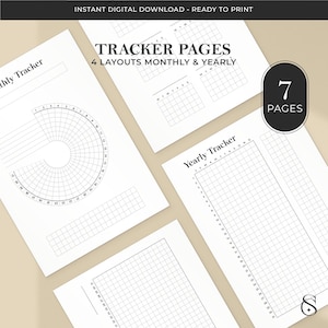 Könnte beinhalten: Weiße Tracker-Seiten mit schwarzem Text. Die Seiten enthalten monatliche und jährliche Layouts, mit einem kreisförmigen Tracker und Kalenderrastern. Der Text enthält "Tracker Pages" und "7 Pages".