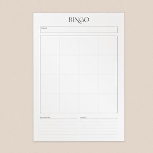 May include: A printable bingo card template with a black and white design. The card has a title that says "Bingo" and spaces for a theme, favorites, and notes.
