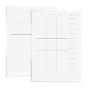 Puede incluir: Un planificador semanal con un diseño de cuadrícula punteada. El planificador incluye secciones para del lunes al domingo, prioridades y una lista. El planificador también incluye una sección de notas.