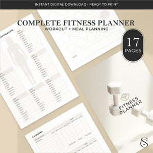 May include: A complete fitness planner with workout and meal planning pages. The design includes pages for measurements, exercises, and notes. The image also features a dumbbell graphic and the text "17 pages."
