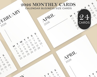 May include: A collection of white 2026 monthly calendar cards. Each card features a month name, year, and a calendar grid. The cards are labeled "2026 Monthly Cards" and "Calendar Business Size Cards". A black circle indicates "24 Cards".