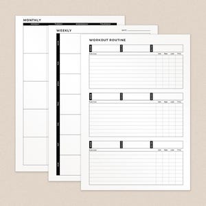May include: A printable workout routine planner with sections for exercise name, focus, sets, reps, load, and time. The planner also includes a monthly and weekly calendar.