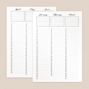 May include: A printable calendar planner with a grid layout for each month of the year. The months are labeled April, May, June, January, February, and March.