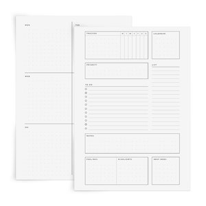 May include: A weekly planner with a dotted grid layout. The planner includes sections for Monday, Tuesday, Wednesday, Thursday, Friday, Saturday, and Sunday. It also has sections for tracking, priority, to-do list, notes, feelings, highlights, and next week.