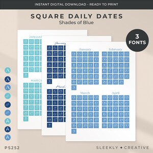 Op de afbeelding: Printbare digitale download van vierkante dagelijkse datum stickers in tinten blauw. De stickers zijn ontworpen voor gebruik in planners en dagboeken. De datums zijn gerangschikt in een rasterformaat, waarbij elke maand wordt weergegeven door een apart blad. De opgenomen maanden zijn januari, februari, maart en april.