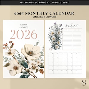 2026 Vintage Flowers Monthly Calendar | Wall Art Printable Illustrated Botanical Floral Art Nouveau Family Planner w/ To Do Events | MM24024