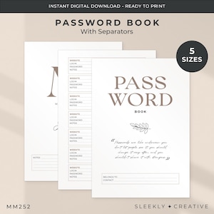 May include: Printable password book with a minimalist design. The cover features the text "PASSWORD BOOK" in brown text with a simple leaf design. The text "Passwords are like underwear you don't let people see it, you should change it very often and you shouldn't share it with strangers" is included in quotation marks.
