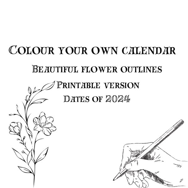 Drawing, colorbook, calendar, outlines Flower, 2024 calendar. Adult drawing book, calendar.