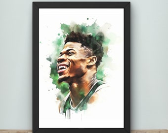 Giannis Antetokounmpo poster, NBA, giannis poster, milwaukee bucks, greak freak, basketball, dunk, nba poster, digital download, watercolor
