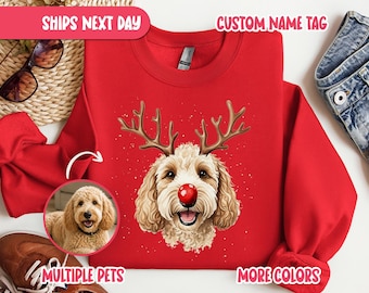 Gepersonaliseerde kersttrui voor honden met foto, ronde hals met rendier als huisdier, kerstshirt voor honden, kat met roodneusrendier, SWT_039
