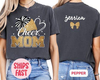 Camiseta de Cheer Mom, camiseta personalizada con purpurina sintética de Cheer Mom, camiseta personalizada de Cheer Mom, camiseta de competición de Cheer Mom, regalo de Cheer Mom