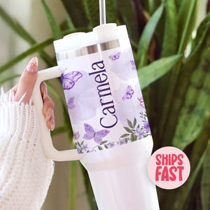Purple Butterfly Tumbler Personalized, Butterfly Gifts, Butterfly Tumbler Cup With Straw, Butterfly Gifts For Women, 40TMB_016
