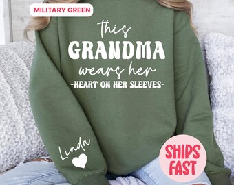 Custom Grandma Sweatshirt, This Grandma Wears Her Heart On Her Sleeve Sweater, With Kids Name Sleeve, Grandma Sweater, PSD_051