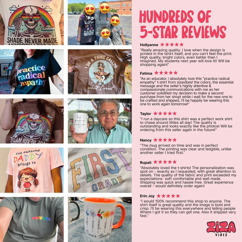The image is a collage of various images featuring t-shirts with different designs and text, along with some text and ratings.