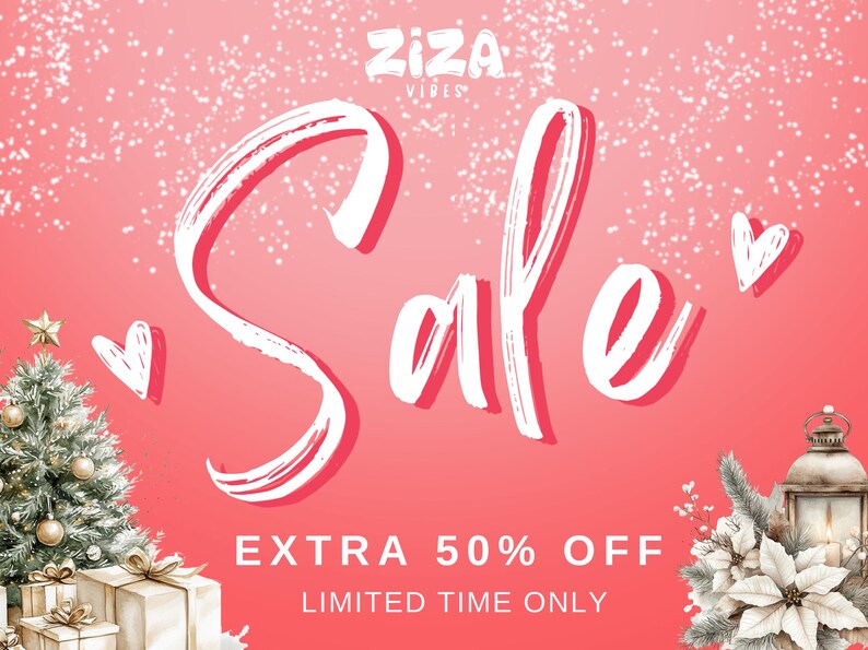 Op de afbeelding: Een roze promotionele afbeelding met de witte tekst ZIZA VIBES en het woord Sale in een groot penseelschrift. Het ontwerp bevat een versierde kerstboom, cadeautjes, een lantaarn, kerststerren en de tekst EXTRA 50% OFF.