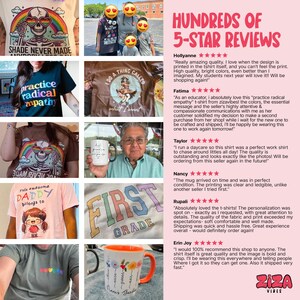 The image is a collage of various images featuring t-shirts with different designs and text, along with some text and ratings.