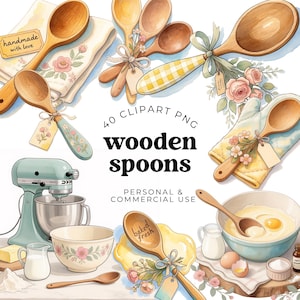 Peut inclure: Illustration à l'aquarelle de cuillères en bois, d'un batteur et d'ingrédients de pâtisserie. L'image comprend le texte "40 clipart png wooden spoons personal & commercial use" et "baked fresh". Certaines cuillères ont des accents floraux.