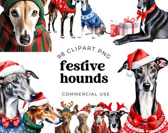 Christmas Greyhound Clipart, Watercolor Dog PNG, Digital Download, Holiday Decor, Watercolor Dogs Design, Watercolor Dogs Design, Xmas Hound