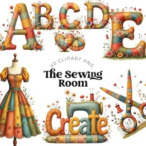 Alfabeto de costura e imágenes prediseñadas de tela, letras y números de patchwork, fuente acolchada bohemia y caprichosa, gráficos de costurera con letras cosidas
