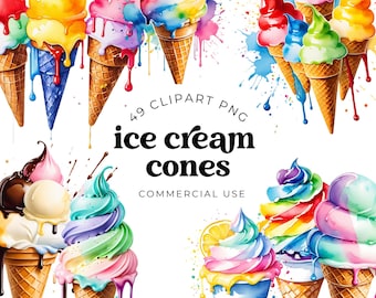 Watercolor Ice Cream Clipart Bundle: Pastel Summer Dessert PNGs
