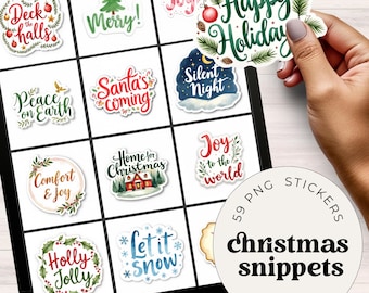 Pegatinas navideñas vintage con fragmentos de palabras PNG, etiquetas navideñas imprimibles para diarios basura, efímeras de scrapbooking navideño, etiquetas de palabras para manualidades festivas
