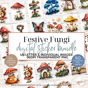 Adesivi digitali di funghi, funghi Cottagecore PNG, adesivi di fate del bosco, funghi velenosi stravaganti, clipart di scrapbooking, adesivi stampabili,
