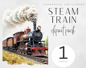 Steam Train Clipart, Vintage Locomotive Art, Watercolor Clipart Bundle, Digital Download for Crafts & Journal