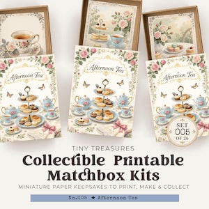 May include: Three open matchboxes displaying Afternoon Tea themed paper craft kits. Each box contains a card with floral and tea party illustrations, including tiered cake stands, teapots, and teacups. The text reads Afternoon Tea and Set 005 of 26.