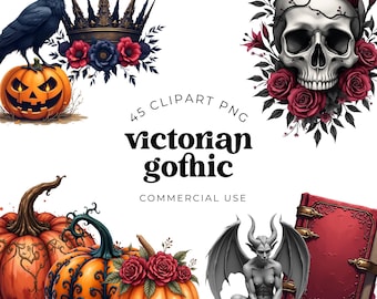 Gothic Watercolor Clipart – Victorian Gothic PNG Bundle with Spooky Halloween Papers for Stickers, Junk Journals, Dark Academia Crafts